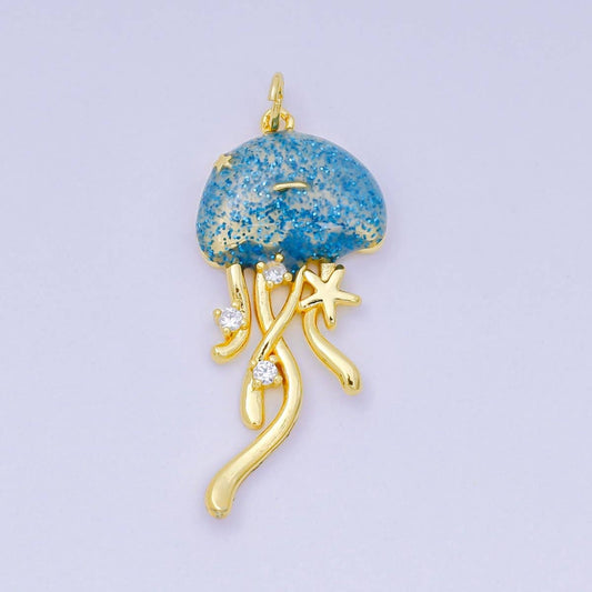 24K Gold Filled 35.5mm Enamel Art Blue Glittered Jellyfish Sea Animal Charm | AH-605