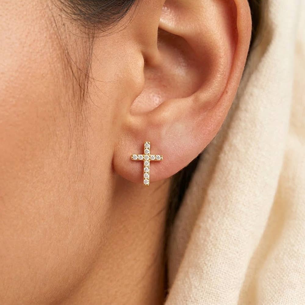 14K Gold Dipped CZ Pave Mini Cross Stud Earrings: Silver,White Gold