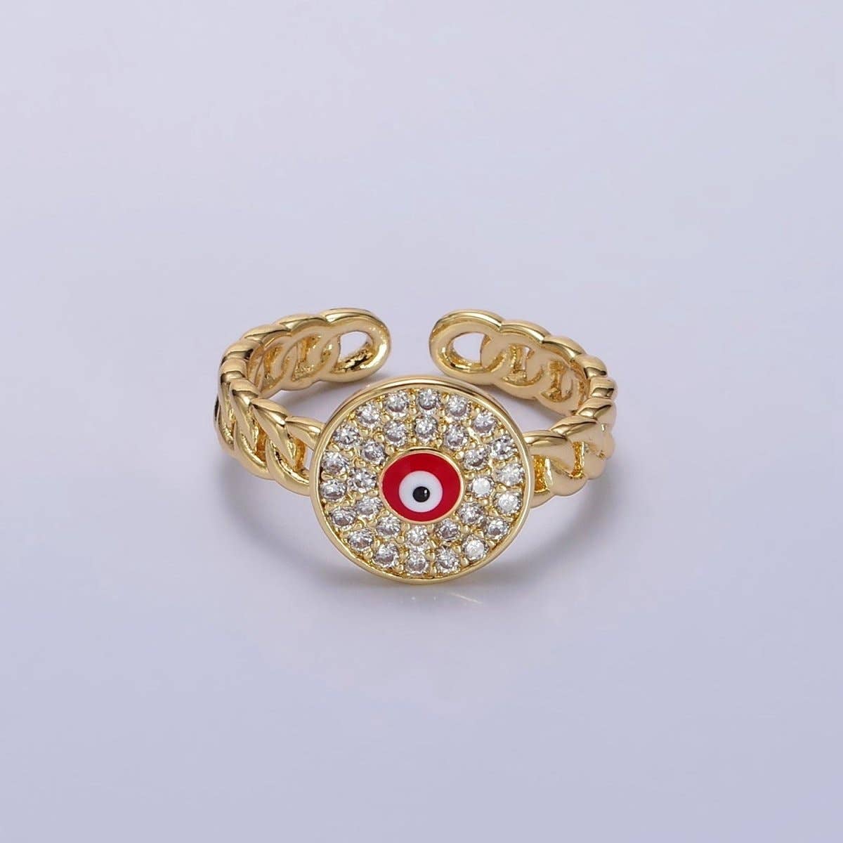 14K Gold Filled Red, White Evil Eye Enamel Round Clear Micro Paved CZ Curb Link Adjustable Ring | O-594 O-595: Red