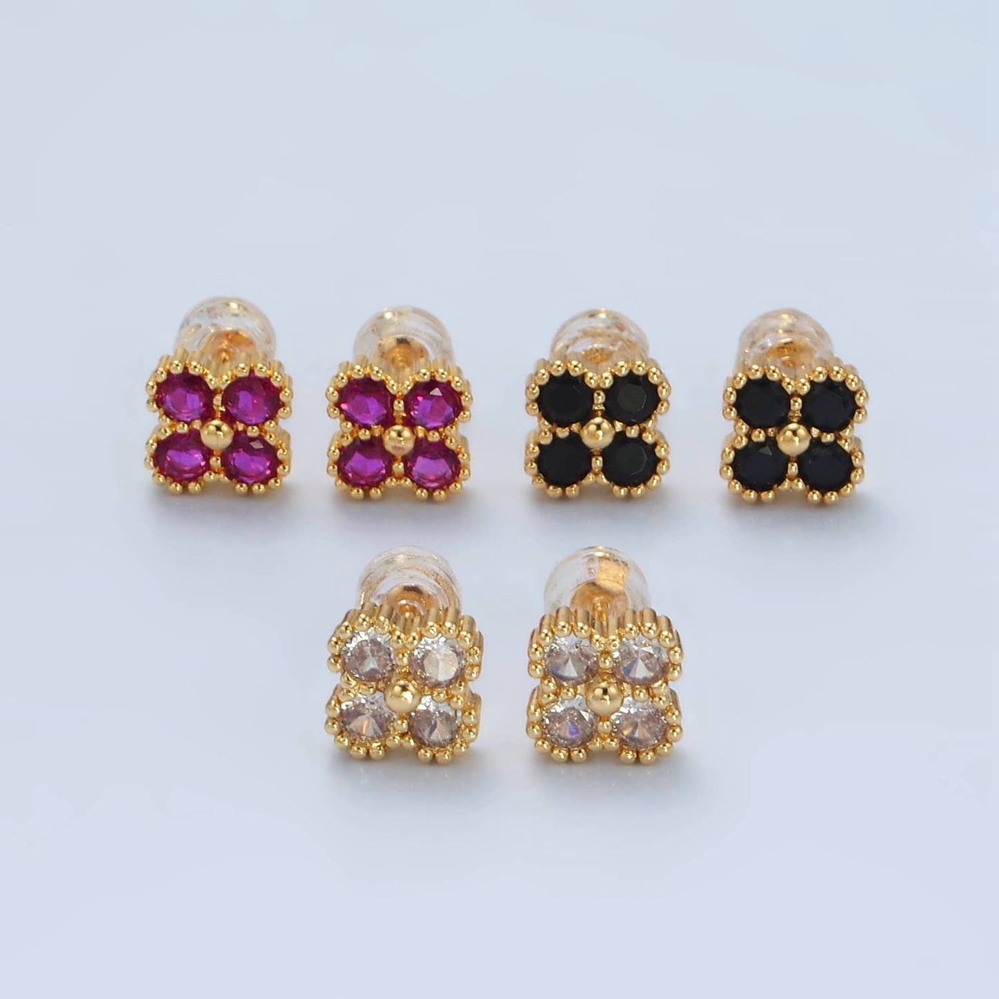 24K Gold Filled Fuchsia, Black, Clear Clover Stud Earring: Clear