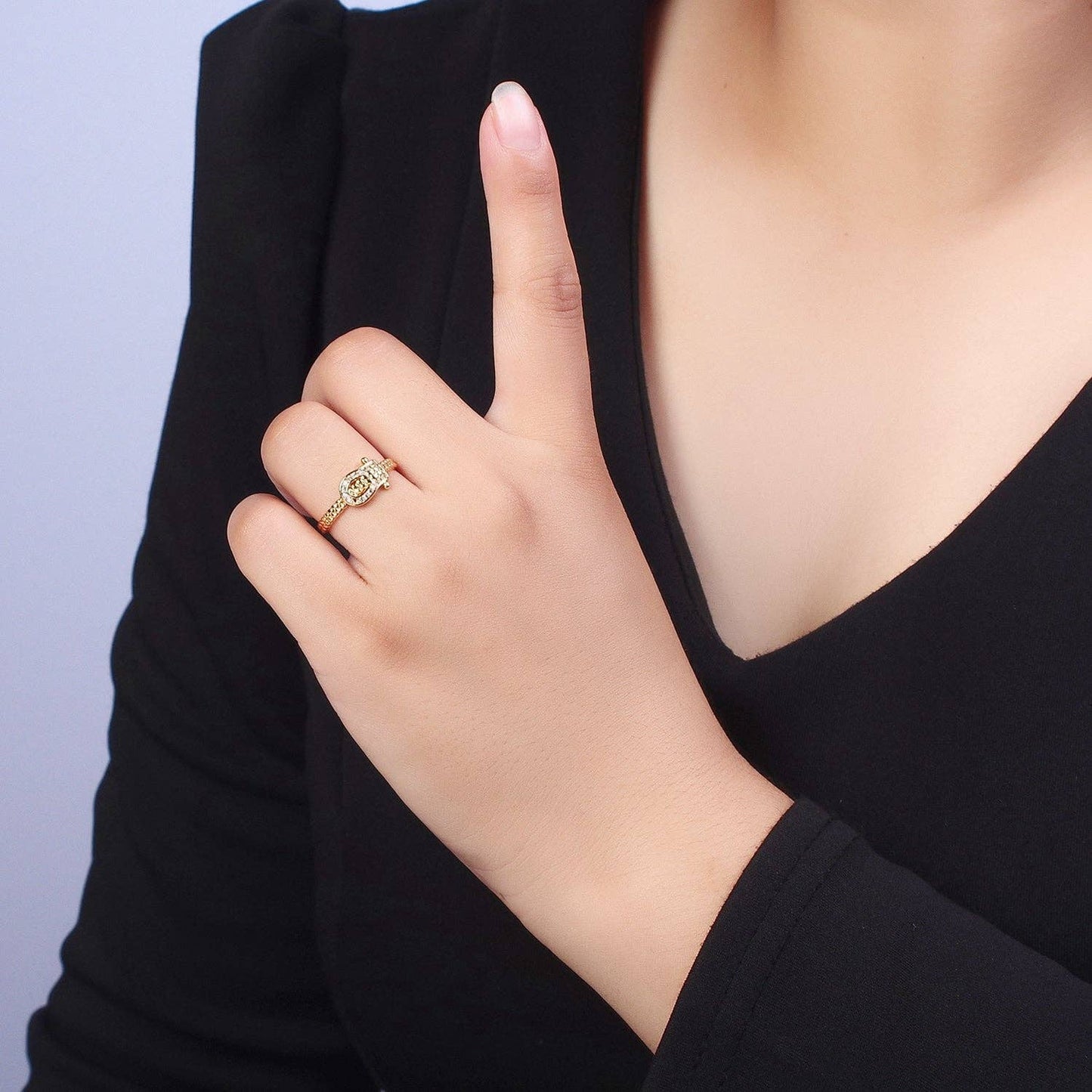 Gold Micro Paved Clear Cubic Zirconia Belt Buckle Twisted Braided Adjustable Ring | X585
