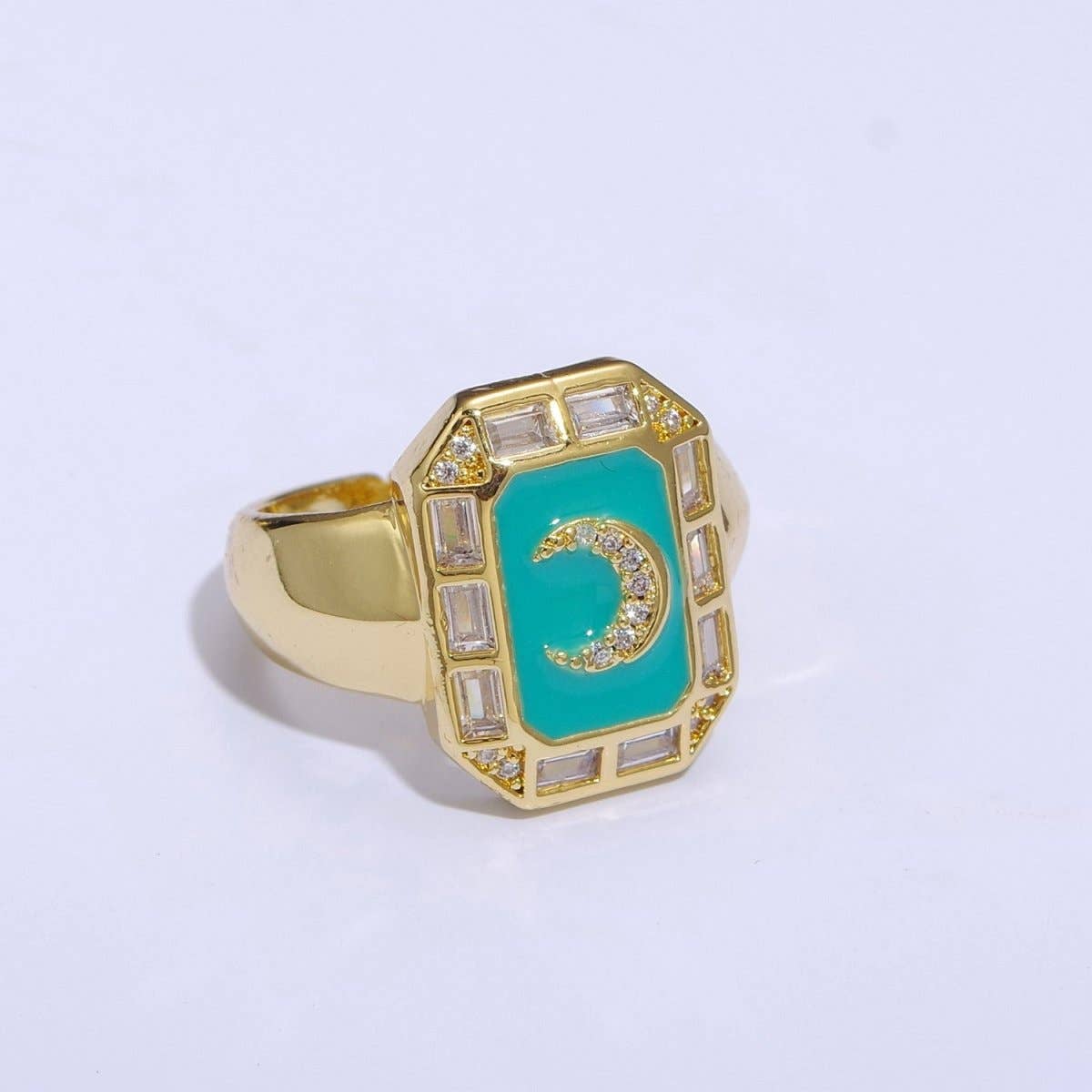 Crescent Moon Spinel Signet Ring Gold Chunky Ring Celestial Enamel Colorful Cz Jewelry U-001~U-005: White
