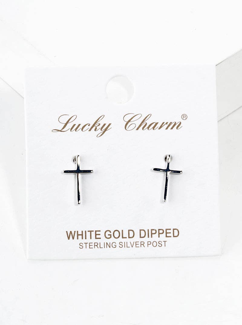 White Gold Dipped Dainty Cross Post Stud Earrings: Gold