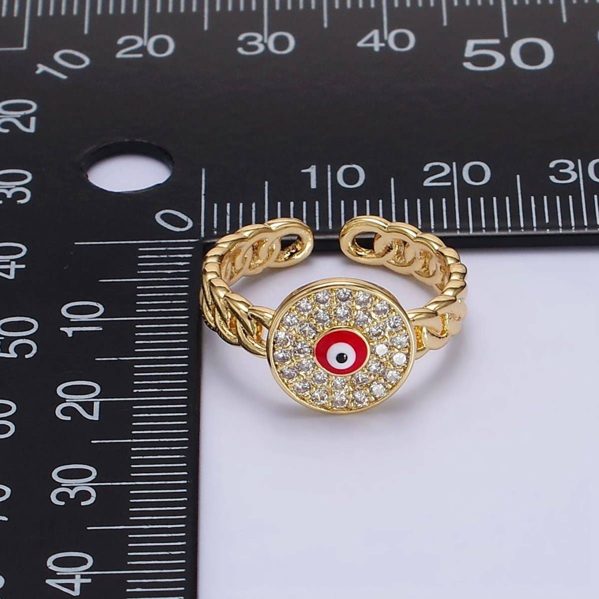14K Gold Filled Red, White Evil Eye Enamel Round Clear Micro Paved CZ Curb Link Adjustable Ring | O-594 O-595: Red