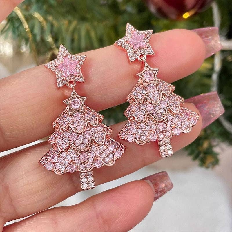 Christmas Tree Alloy Rhinestone Earrings  E8648: Green