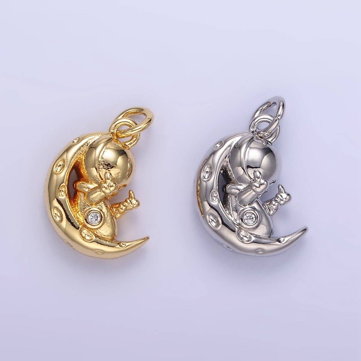 16K Gold Filled Hammered Celestial Crescent Moon Space Man Charm in Gold & Silver | E389: Silver
