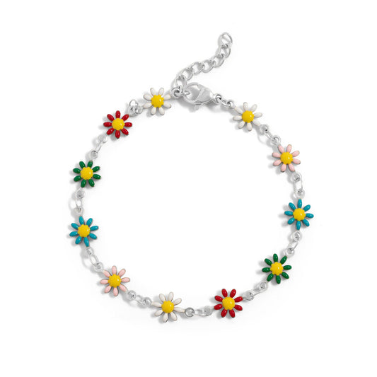 18K Gold PVD Multi Colored Floral Chain Bracelet: Stainless