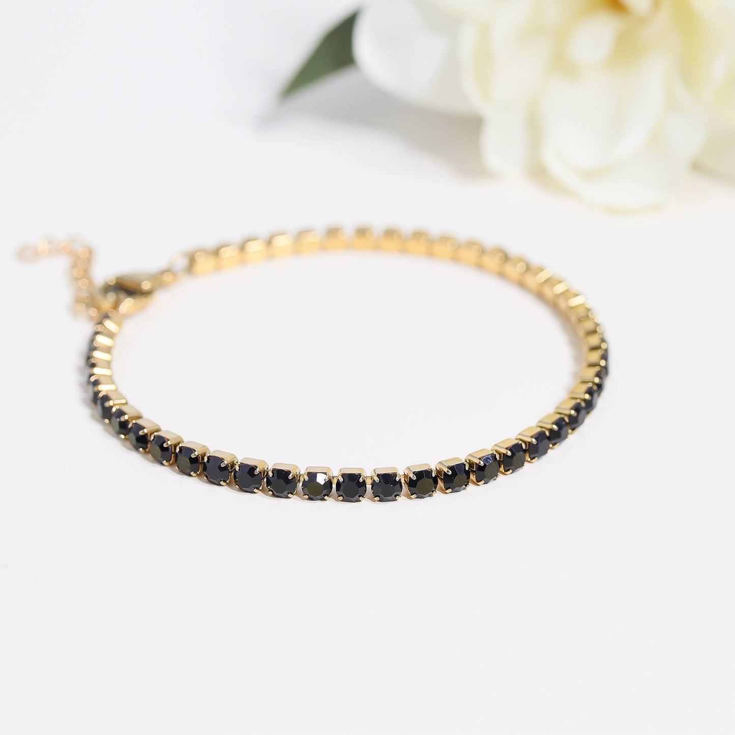 18K Gold PVD Jet Black Tennis Chain Bracelet / Anklet: 7.5"+1" / 3mm