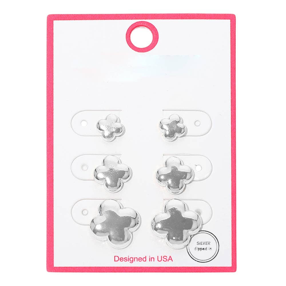 3Pairs - Gold Dipped Metal Quatrefoil Stud Earring Set: Gold
