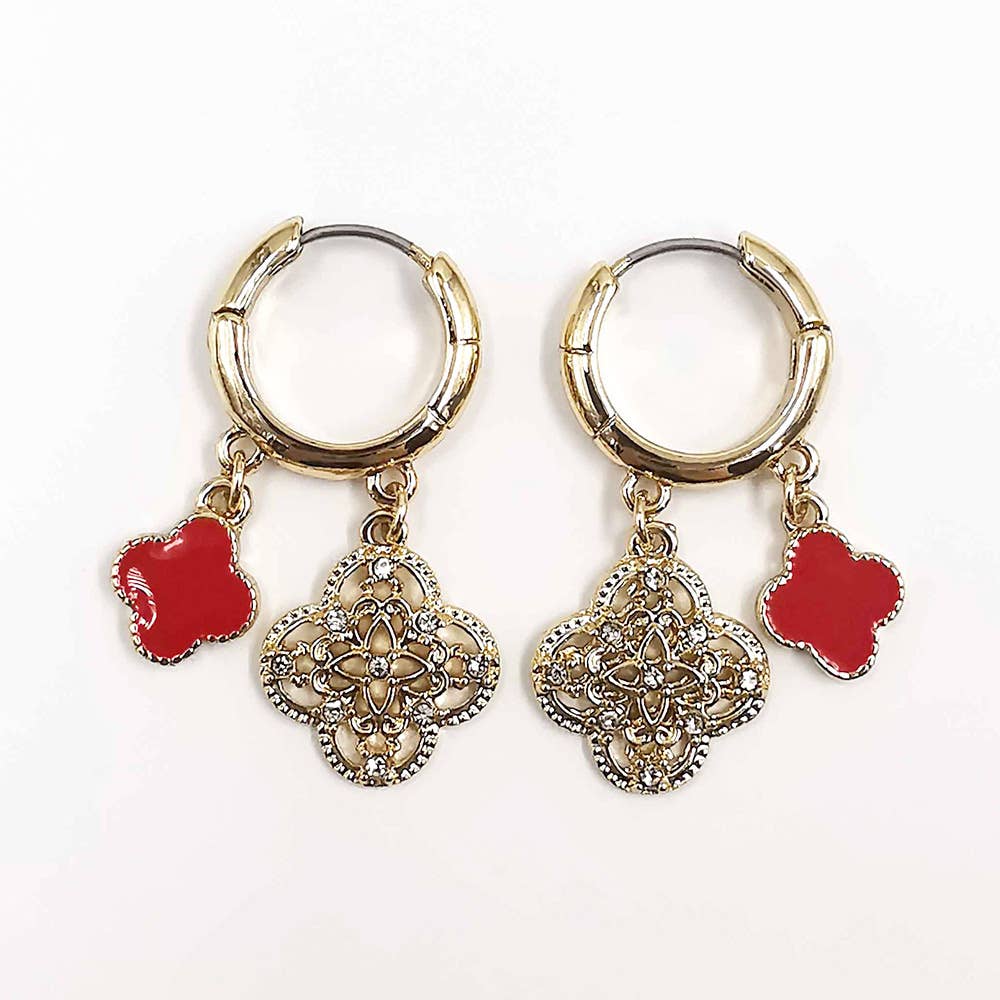 Gold Dipped Quatrefoil Huggie Hoop Earrings: Gold,Red
