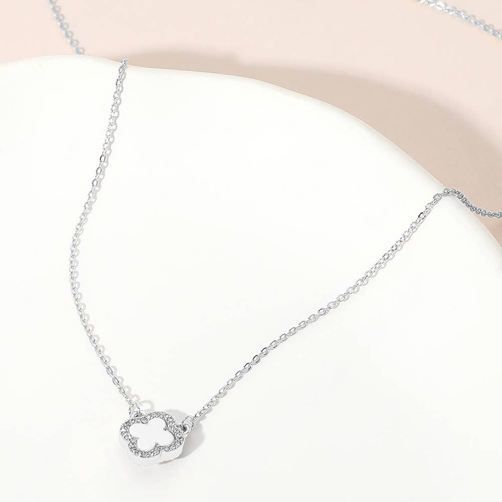 Gold Dipped Rhinestone Trim Quatrefoil Pendant Necklace: Rhodium,White