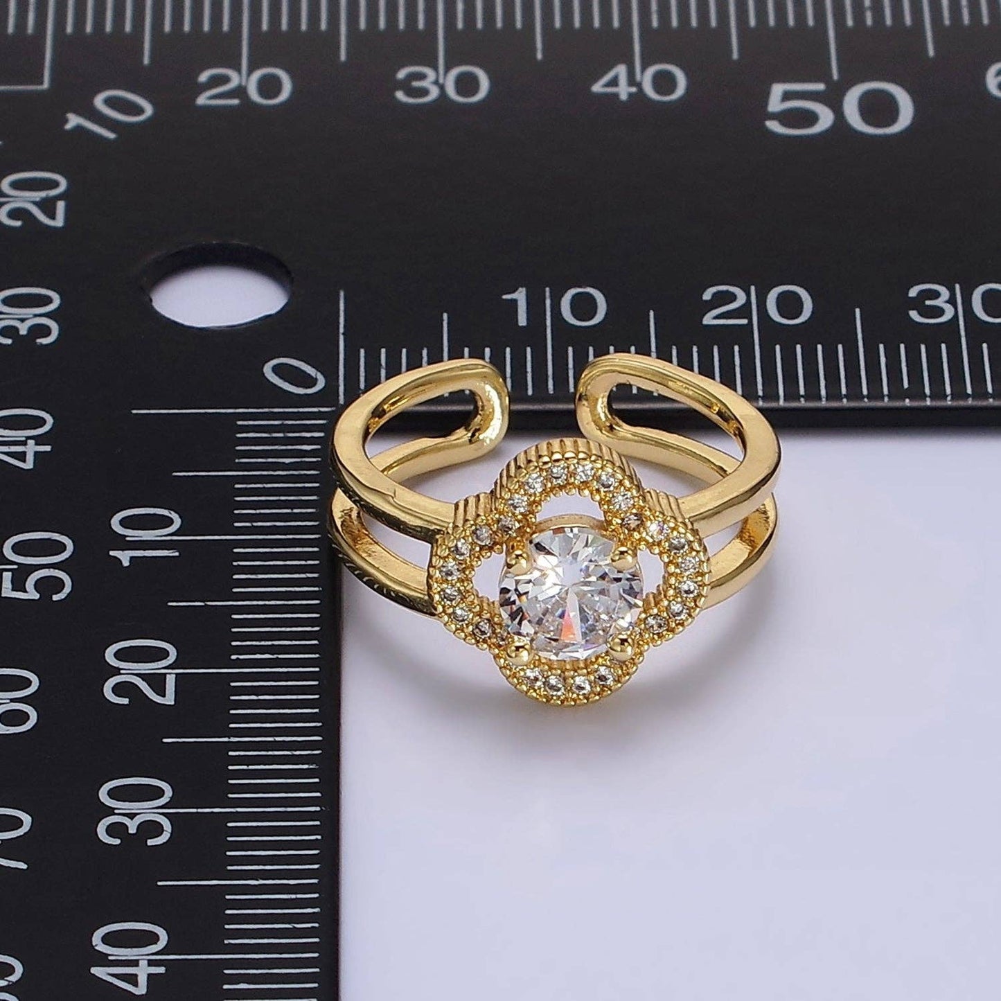 14K Gold Filled Clear CZ Quatrefoil Clover Double Band Ring