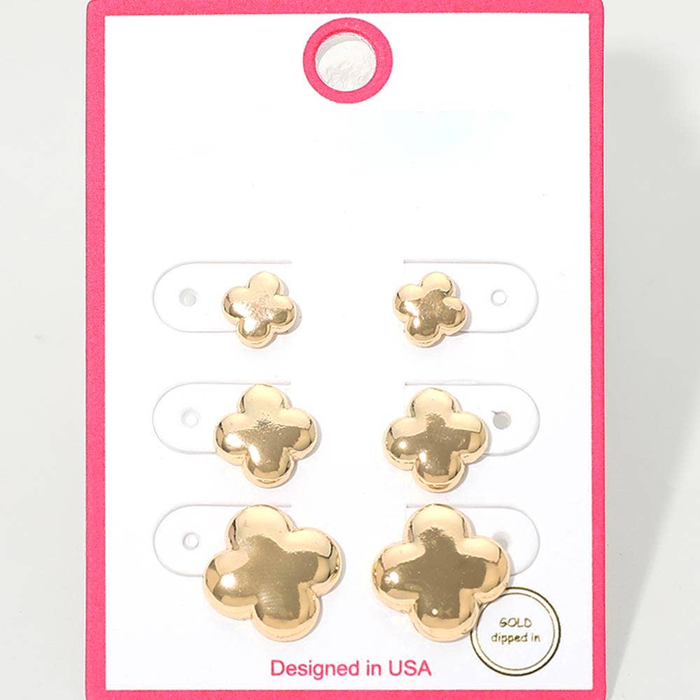 3Pairs - Gold Dipped Metal Quatrefoil Stud Earring Set: Gold