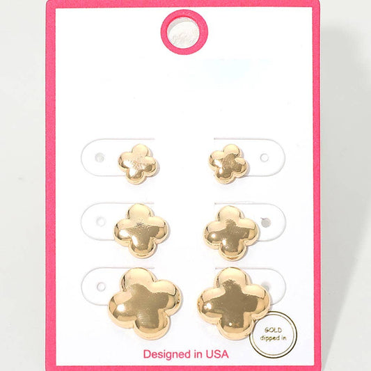 3Pairs - Gold Dipped Metal Quatrefoil Stud Earring Set: Gold