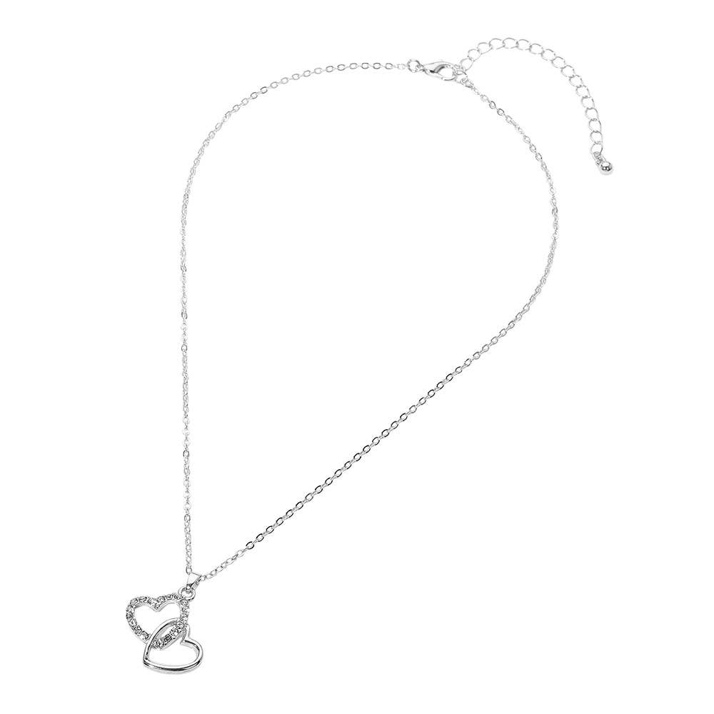 Gold Dipped Rhinestone Paved Layered Double Heart Pendant Necklace: Clear,Gold