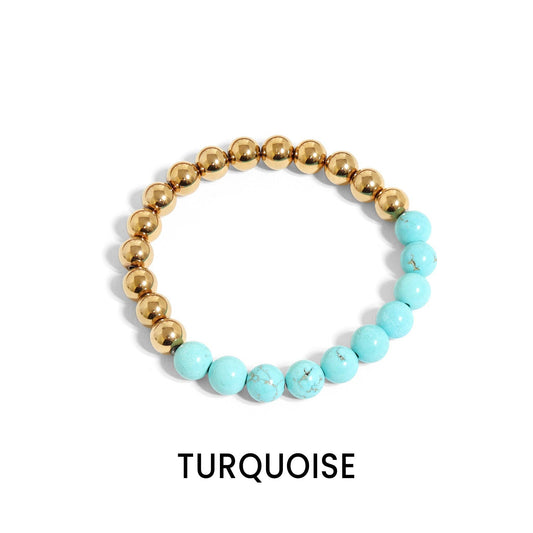 18K Gold PVD Stainless Steel Semi Precious Beaded Stretch Bracelets / SBB0355: Gold / Turquoise