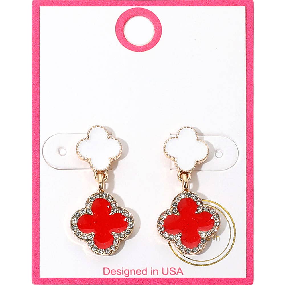 Rhinestone Accented Quatrefoil Drop Earrings: Gold Black Red