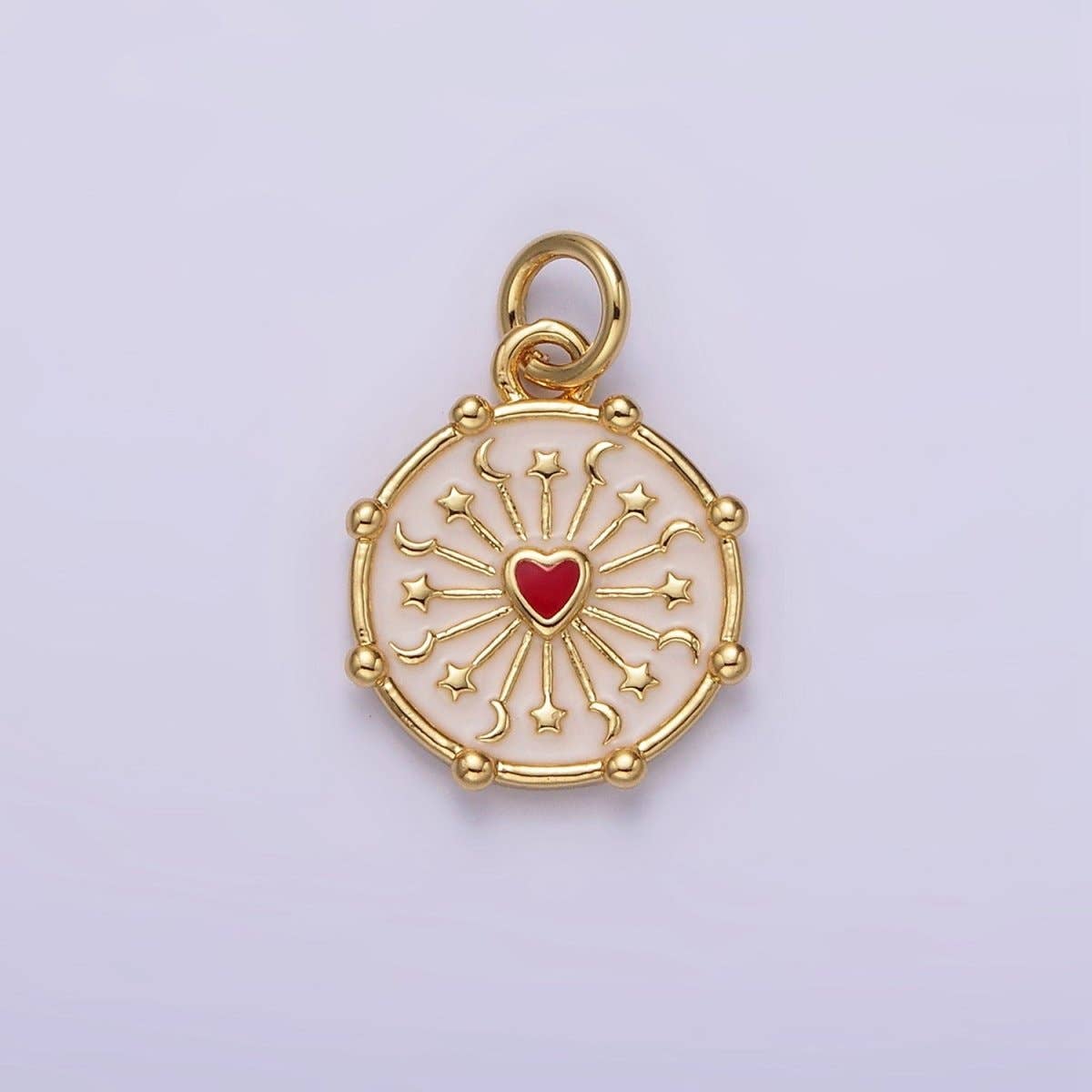 16K Gold Filled Red Heart Celestial Crescent Moon Star Ray Dotted Outline Round Charm | AG159