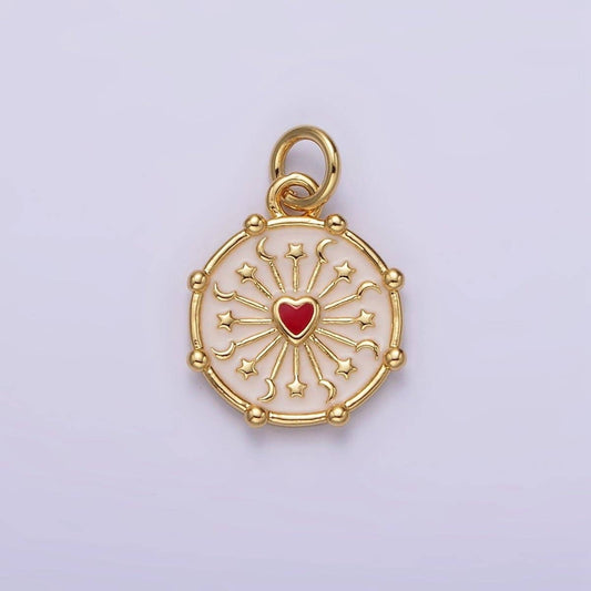 16K Gold Filled Red Heart Celestial Crescent Moon Star Ray Dotted Outline Round Charm | AG159