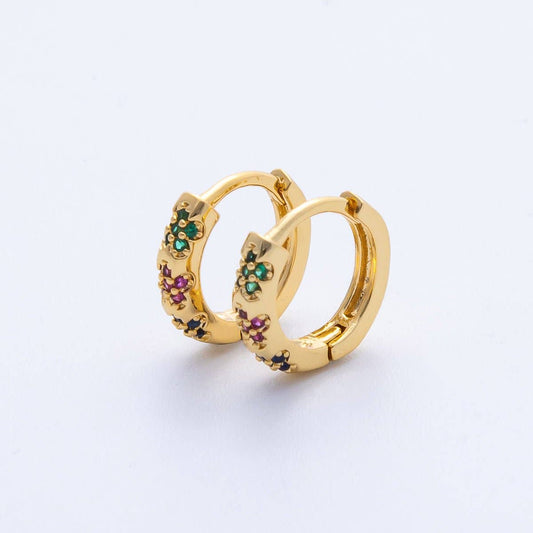 18K Gold Filled 13mm Multicolor Micro Paved CZ Flower Huggie Earrings | Earrings-00057
